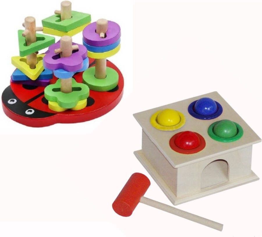 Iso trade Montessori Educatief Houten Speelgoed Puzzel Vormenstoof Sorteerpuzzel Sorteerspel Lieveheersbeestje + Hamerbank Hamertje Tik Vormenstoof Peuter Kleuter Speelgoed Stapel Blokken