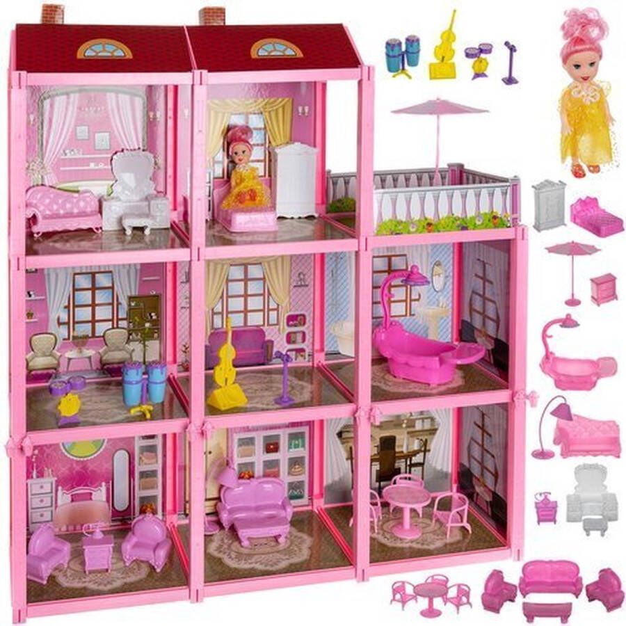 XXL Poppenhuis villa 24-delig met meubels en pop Speelgoed Meisjes en Jongens Roze