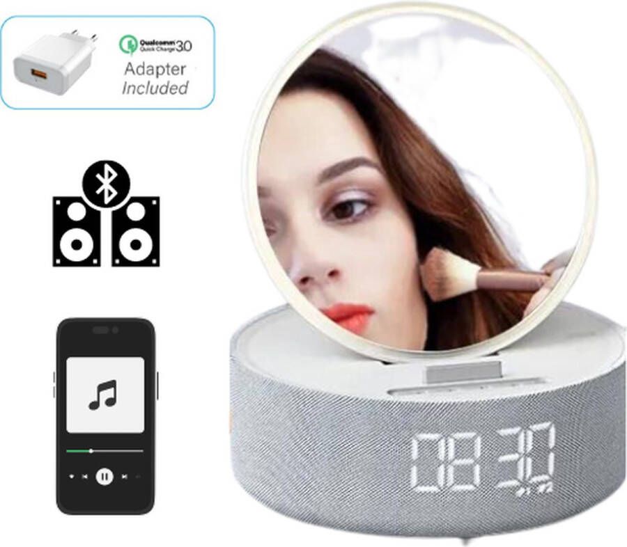 ISQU 6 in 1 Make Up Spiegel Bluetooth Speaker Draadloze Telefoonoplader 10x Vergroot Digitale Wekker Snooze Functie Grijs
