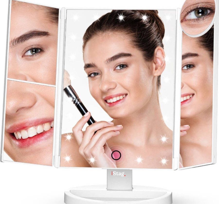 IStag Led make-up spiegel met touch sensor dimbare 2x3x10 maal vergroting Drieluik- Hollywood spiegel Batterijen USB makeup