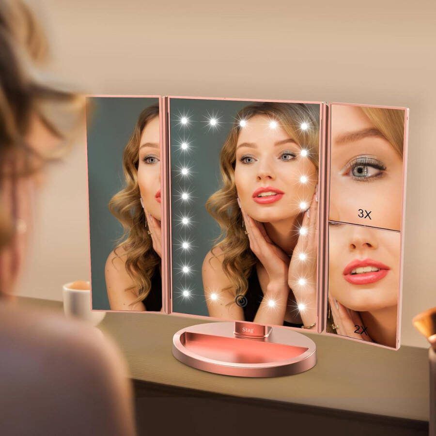 IStag Led make-up spiegel met touch sensor dimbare 2x3x10 maal vergroting Drieluik- Hollywood spiegel Batterijen USB Roze