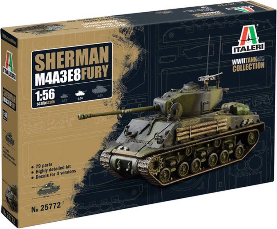 Italeri 1:56 25772 M4A3E8 Sherman Fury Tank WWII Plastic Modelbouwpakket