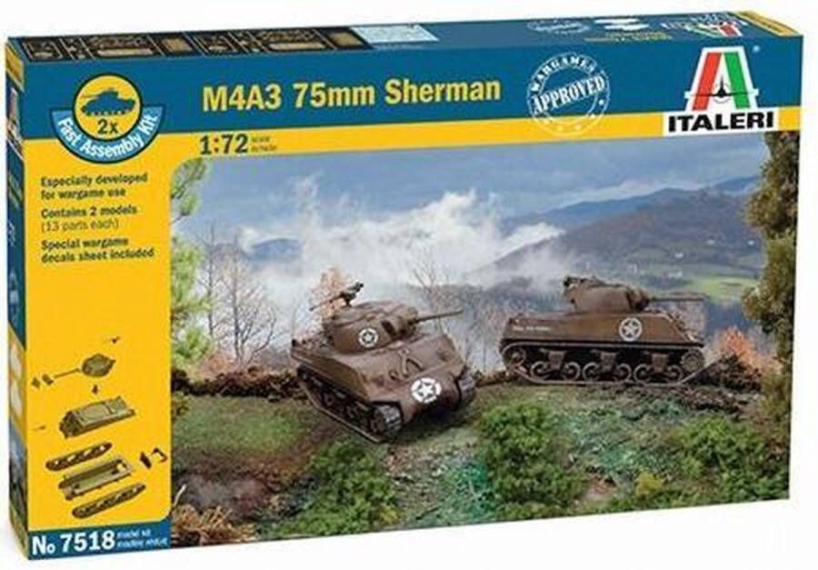 Italeri 1:72 7518 M4A3 75mm Sherman Tank 2 fast assembly kits Plastic Modelbouwpakket