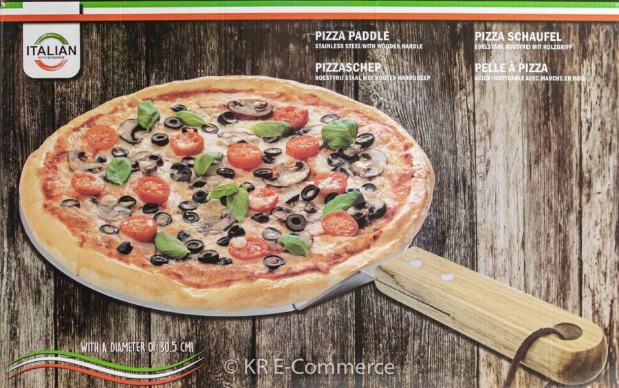 Italian kitchenware Pizzaschep | Pizzaschep voor Oven | Pizzaschep voor BBQ | Houten handvat | 30 Ø | RVS