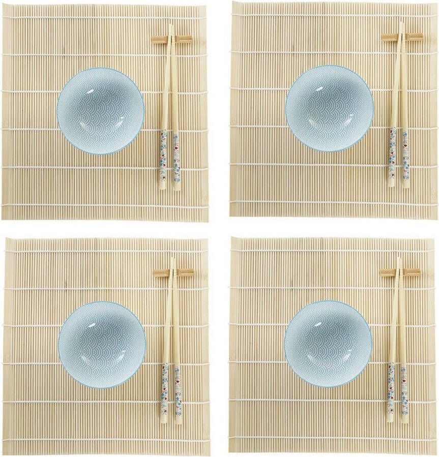 Items 16-delige sushi serveer set aardewerk voor 4 personen licht blauw wit Sushi servies