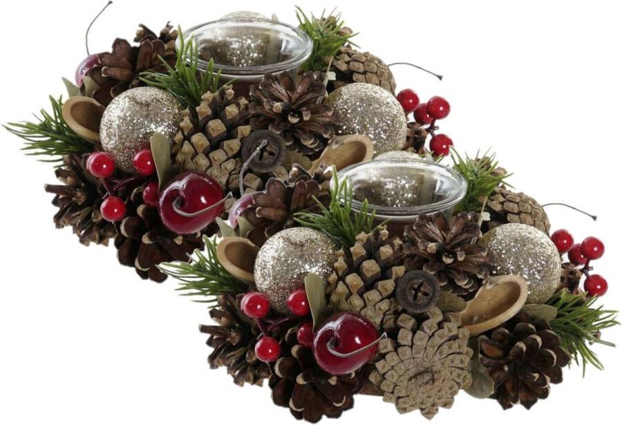 Items 2x stuks kerst thema kaarsenhouders ornament bruin rood goud nature 19 cm kaarsjes branden tafel decoratie