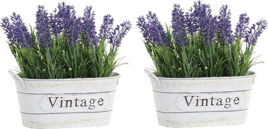 Items 2x stuks lavendel kunstplanten kamerplanten in metalen emmer wit H20 cm x D18 cm Kunstplanten nepplanten