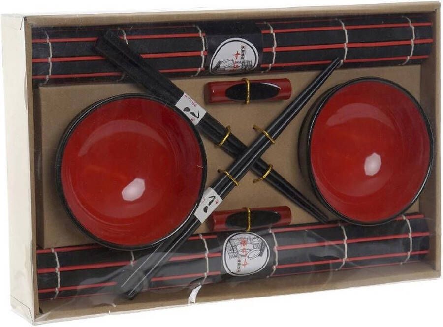 Items 8-delige luxe sushi serveer set keramiek voor 2 personen zwart rood Bordjes