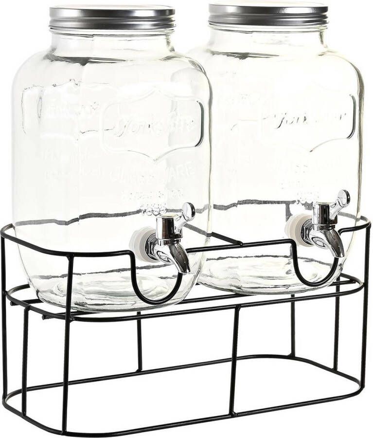 Items Drank dispensers set van 2x stuks 4 liter glas in houder met metalen kraantje Drankdispensers