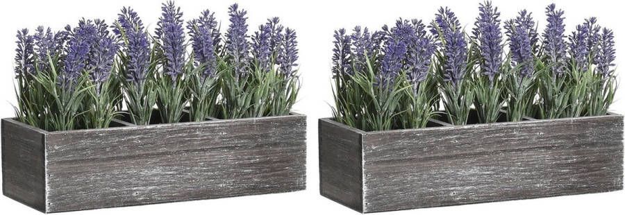 Items Lavendel bloemen kunstplant in bloembak 2x paarse bloemen 34 x 14 x 19 cm bloemstukje Kunstplanten