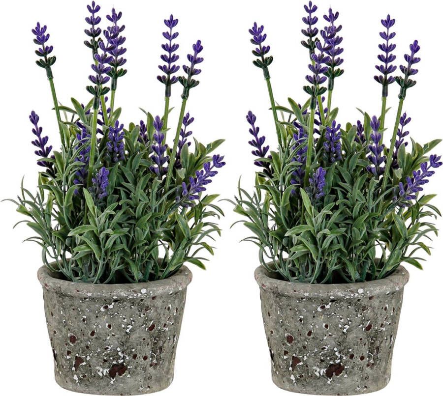 Items Lavendel bloemen kunstplant in bloempot 2x paarse bloemen 10 x 22 cm bloemstuk Kunstplanten