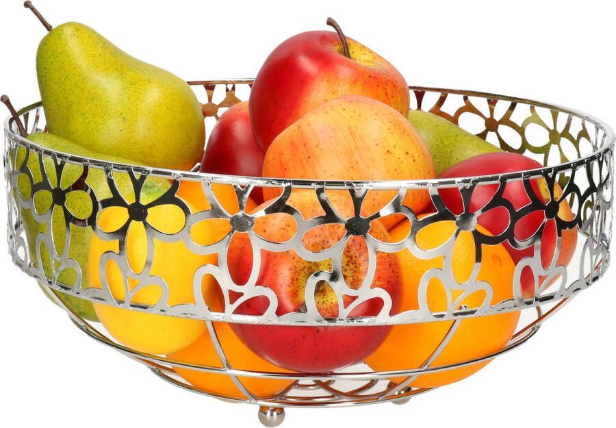 Items Metalen fruitschaal rond zilver met bloemenpatroon 28 x 28 cm Schalen manden voor groente en fruit