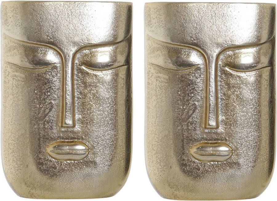 Items Set van 2x stuks bloemenvaas goud van aluminium met gezicht 15 x 6 x 23 cm Bloemen of takken vaas voor binnen