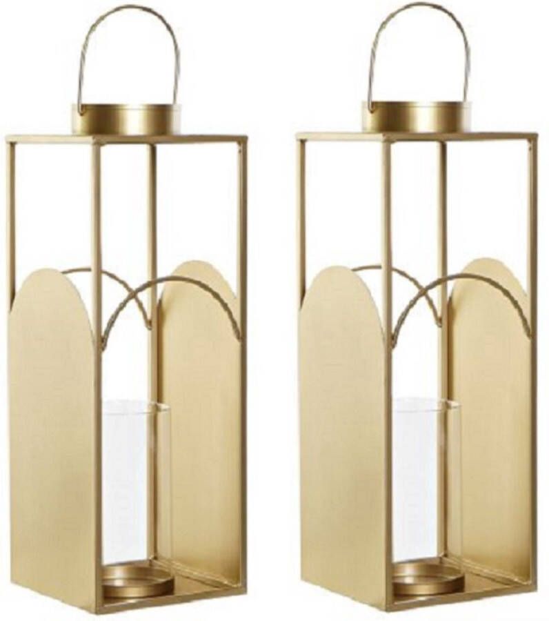 Items Set van 2x stuks metalen kaarsenhouders lantaarns goud met glas 45 cm Waxinelichtjeshouder Windlicht