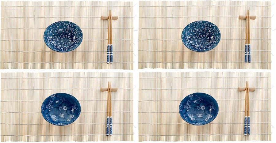 Items 16-delige sushi serveer set keramiek voor 4 personen wit blauw Sushi servies