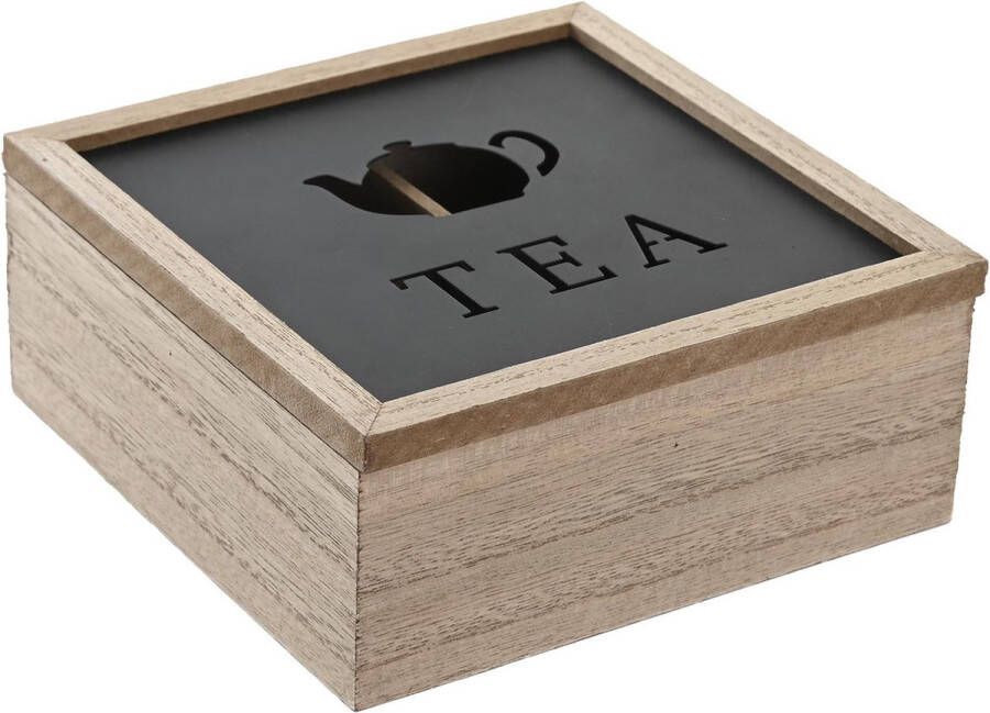 Items Theedoos opbergdoos Cameron 4-vaks MDF hout 16 x 16 x 7 cm met doorzichtige deksel Theedozen