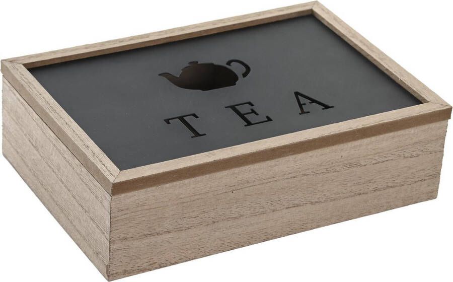 Items Theedoos opbergdoos Cameron 6-vaks MDF hout 24 x 16 x 7 cm met doorzichtige deksel Theedozen