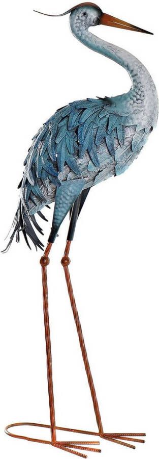 Items Tuin decoratie dieren vogel beeld Metaal Reiger staand 33 x 85 cm buiten blauw