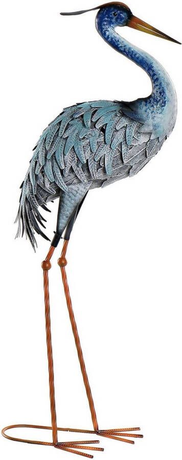 Items Tuin decoratie dieren vogel beeld Metaal Reiger staand 33 x 85 cm buiten blauw