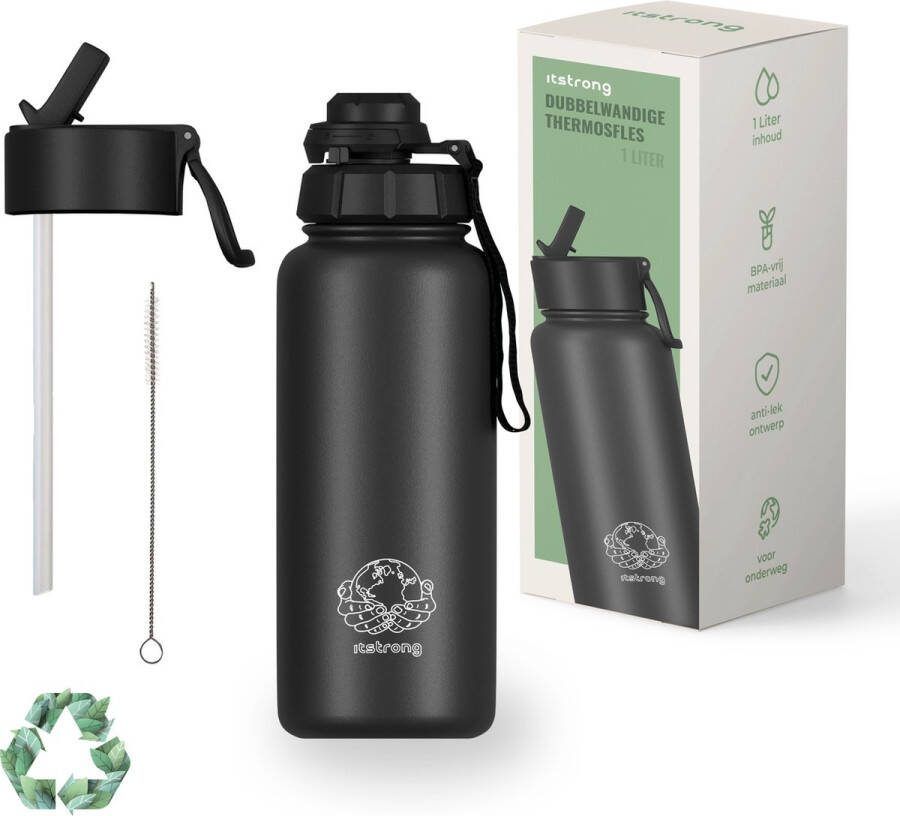 Itstrong Thermosfles met Rietje Waterfles 700 ml Drinkfles met Extra Dop Isoleerfles Dubbelwandig RVS Lekvrij Zwart