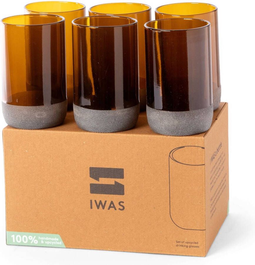 IWAS Drinkglazen set “Bruin” Upcycled & Handgemaakt Duurzaam 6 stuks 350 ml