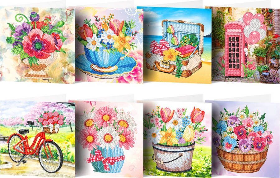 IZGO Diamond Painting Kaarten – 8 Wenskaarten met envelop Daimond Painting Volwassenen – Volledig Pakket zonder tekst