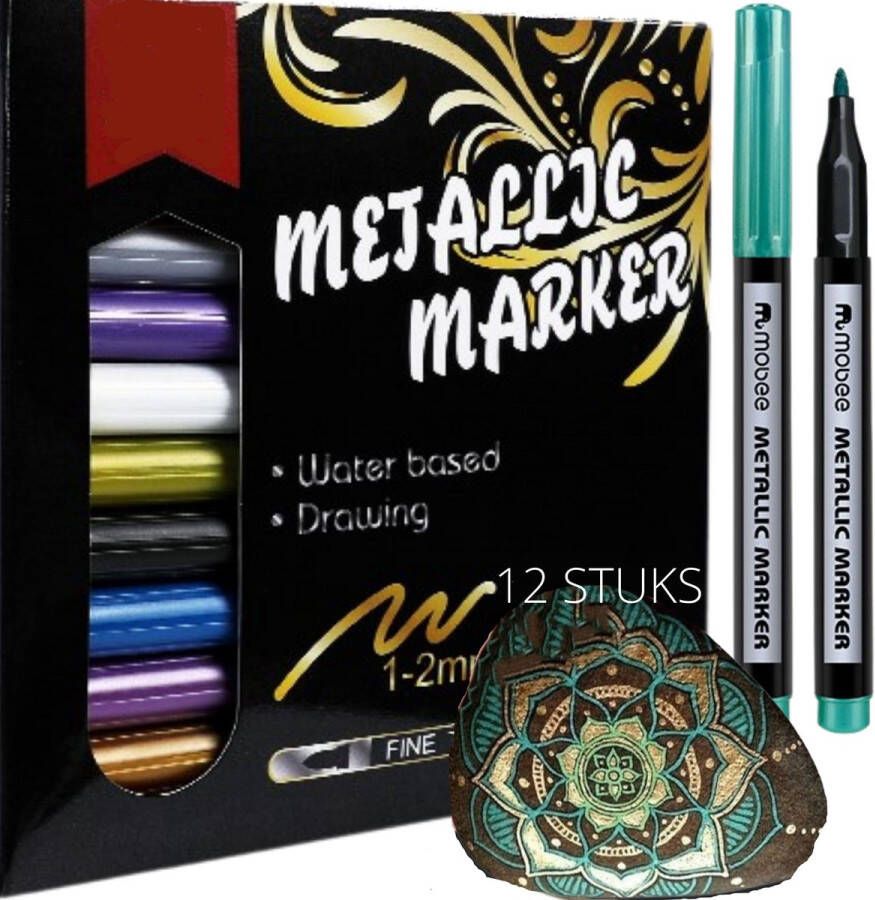 IZGO HappyStone Metallic marker stiften 12 kleuren | 1 mm | inclusief Sjablonen | Tekenset Metalic| Mandala | Metaal inkt stiften voor stenen schilderen | Happy Stones maken