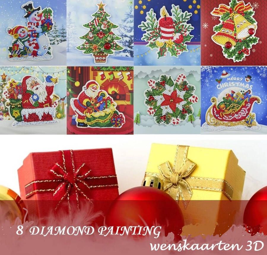 IZGO Kerst kaarten 3D Diamond Painting 8 stuks Hobby Wenskaarten Kerstkaarten inclusief enveloppen