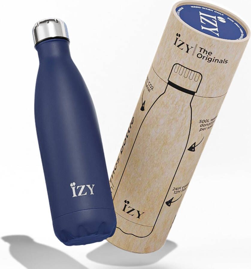 IZY Drinkfles Blauw Inclusief donatie Waterfles Thermosbeker RVS 12 uur lang warm 500 ml