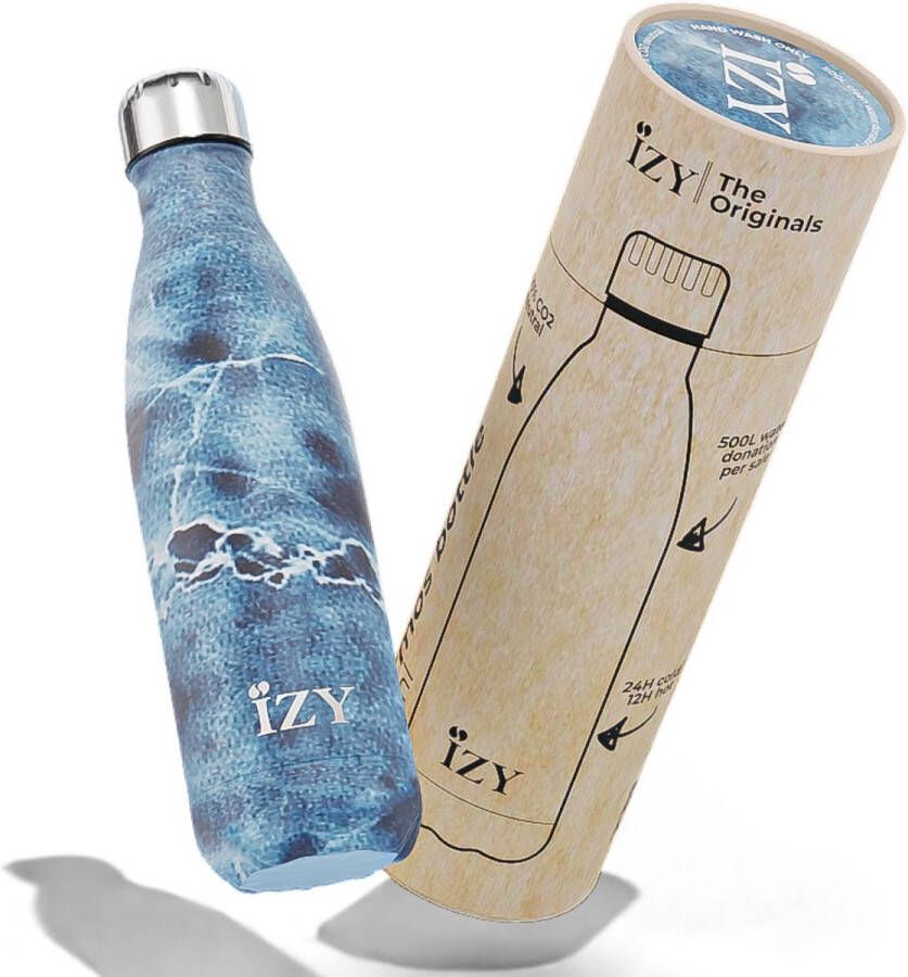 IZY Drinkfles Blauw Inclusief donatie Waterfles Thermosbeker RVS 12 uur lang warm 500 ml