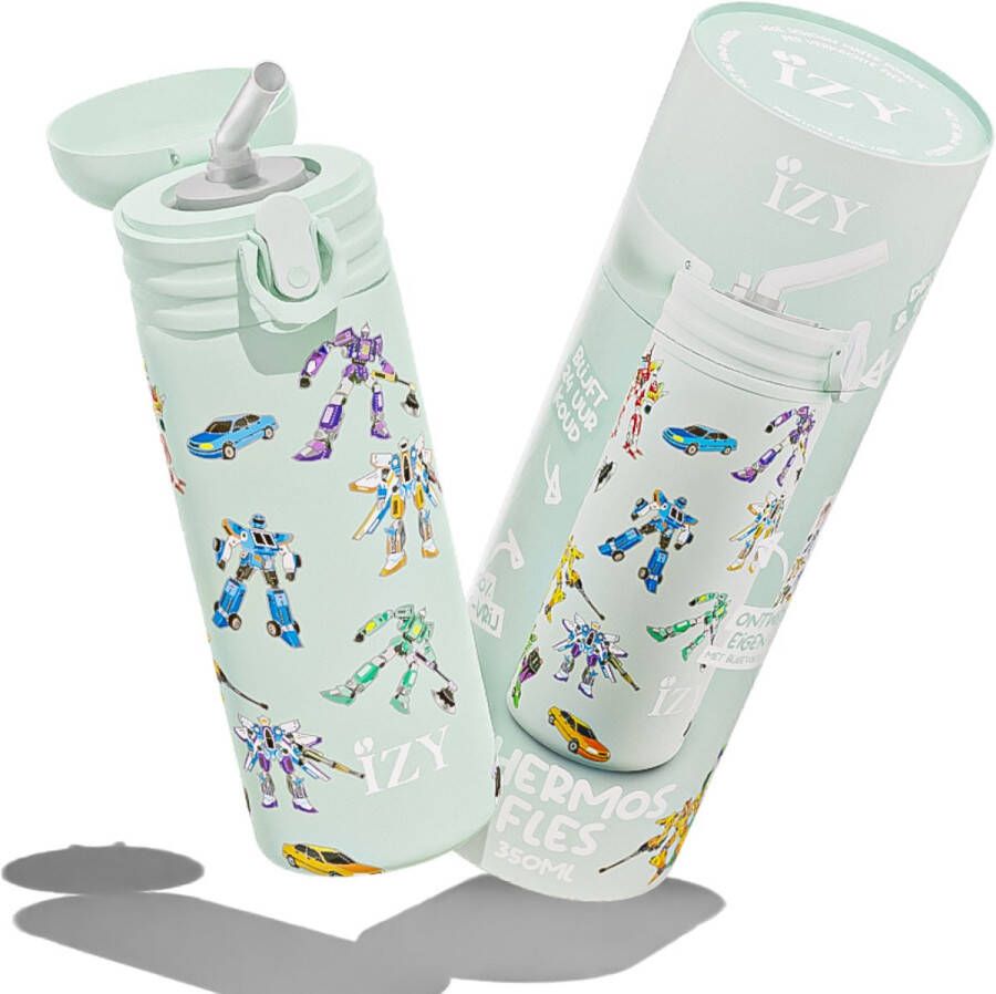 IZY Drinkfles Kinderbeker Groen Inclusief donatie Waterfles met Rietje Thermosbeker RVS 6 uur lang warm 350 ml