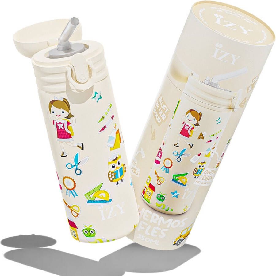 IZY Bottles Pastel Geel Ruimte Astronaut | 350 ML | Kinderen | Thermosfles | Drinkfles | Waterfles | Schoolfles | Isoleerfles | Beker | Drinkbeker | Koud | Warm | Fles | Kinder | Back to School | 350ml