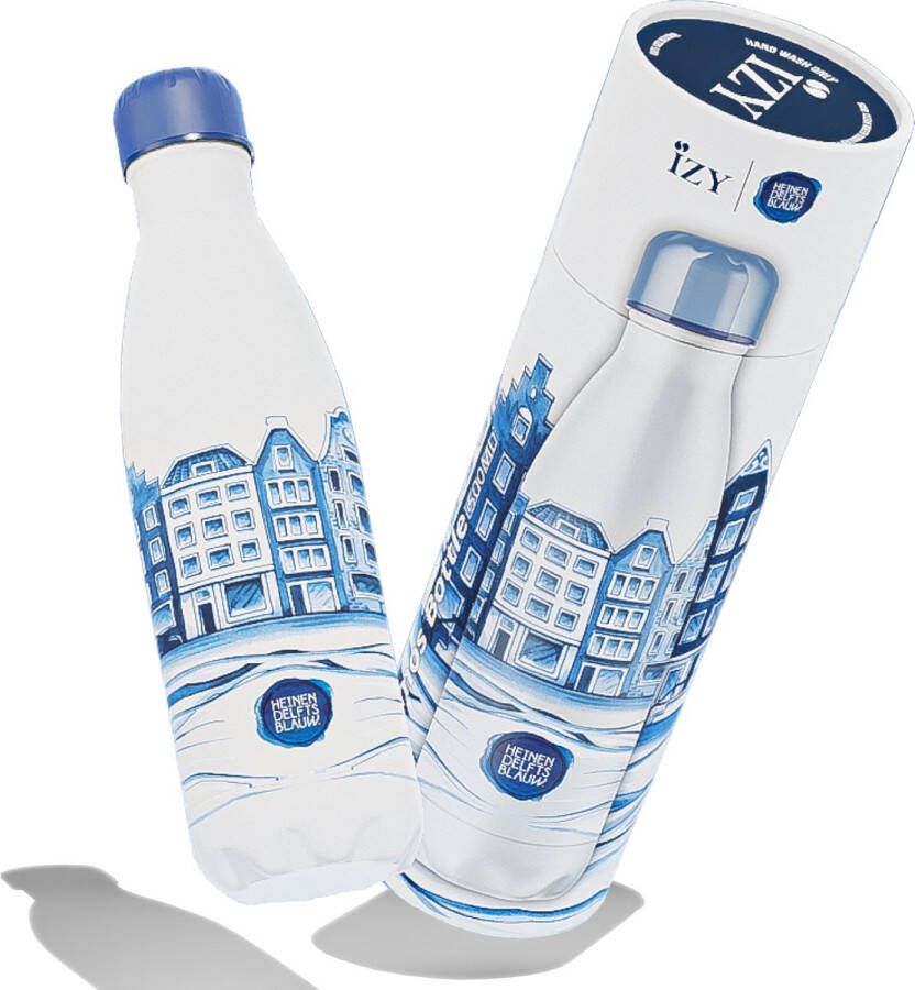 IZY Drinkfles Prints Heinen Delfts Blauw Inclusief donatie Waterfles Thermosbeker RVS 12 uur lang warm Kerstcadeau 500 ml