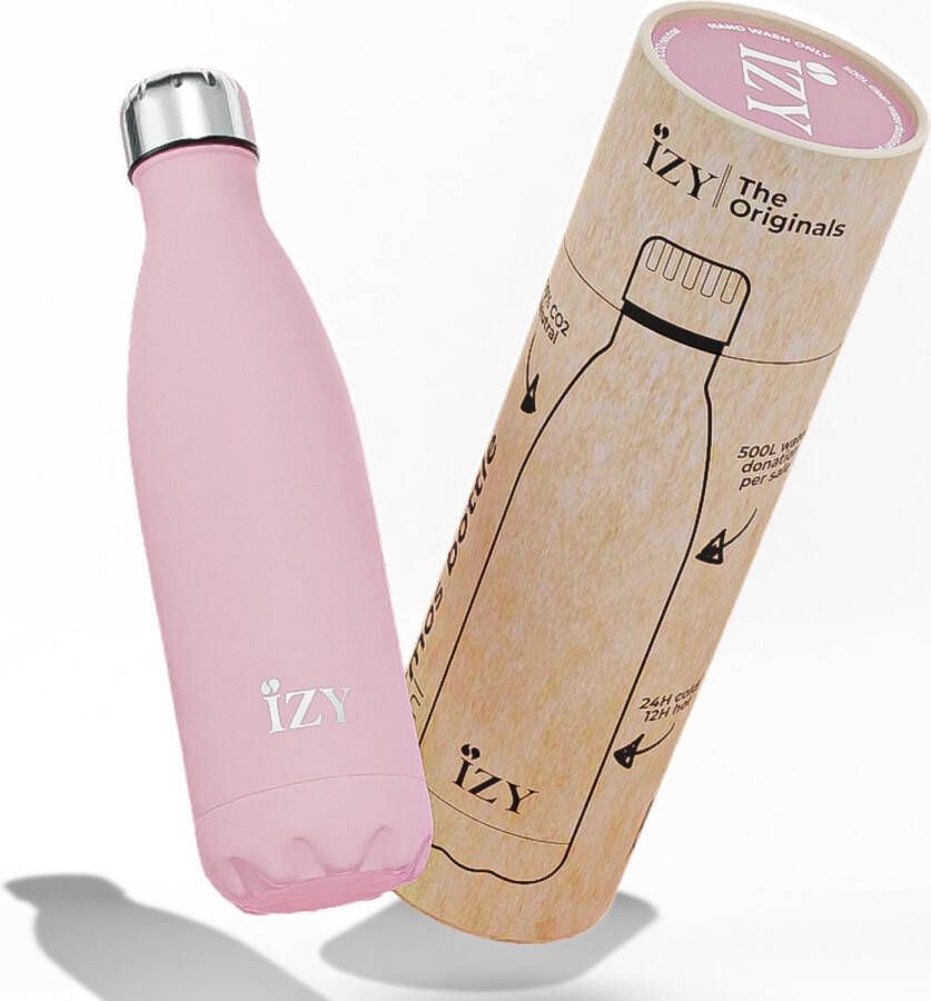 IZY Drinkfles Roze Inclusief donatie Waterfles Thermosbeker RVS 12 uur lang warm 500 ml