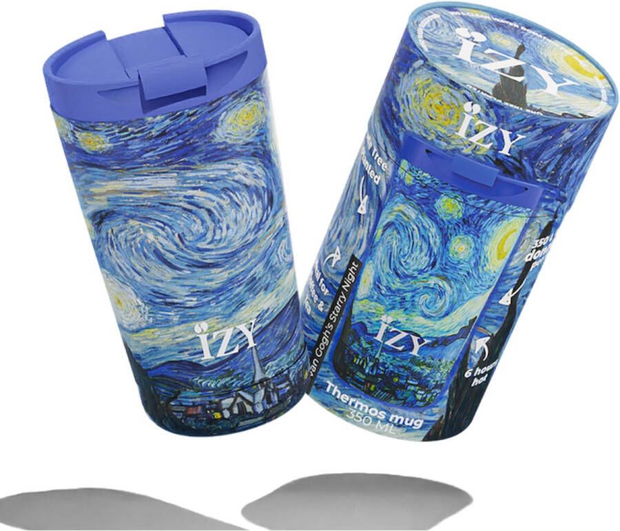 IZY Drinkfles Van Gogh Starry Night Inclusief donatie Koffiebeker to go Thermosbeker RVS 6 uur lang warm 350 ml