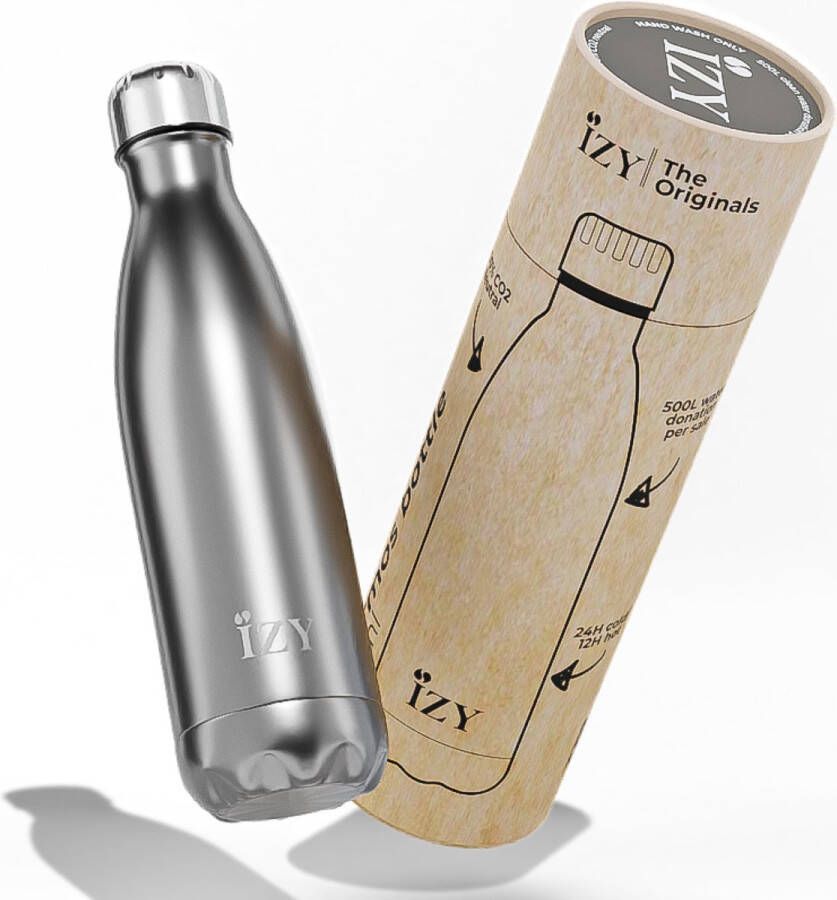 IZY Drinkfles Zilver Inclusief donatie Waterfles Thermosbeker RVS 12 uur lang warm 500 ml