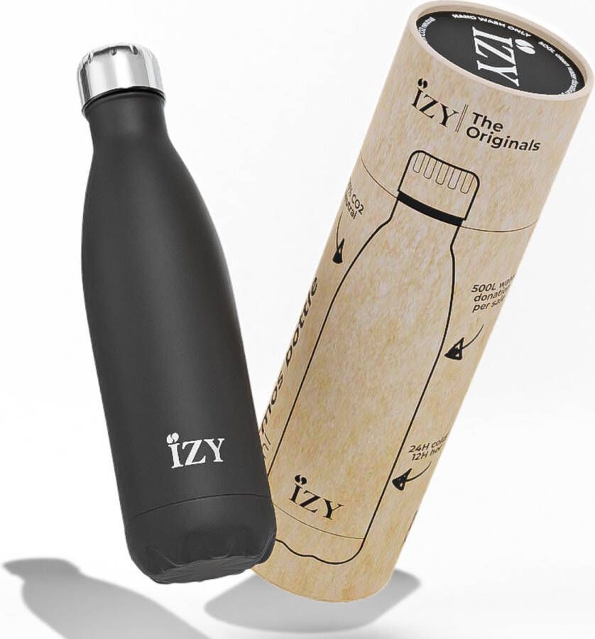 IZY Drinkfles Zwart Inclusief donatie Waterfles Thermosbeker RVS 12 uur lang warm 500 ml