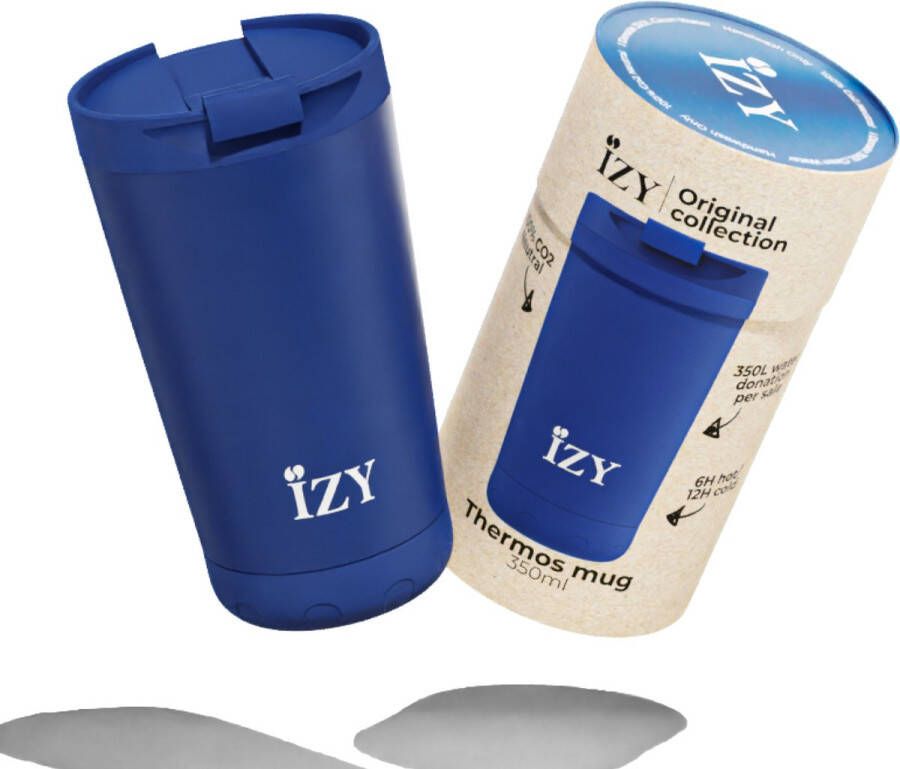 IZY Drinkfles Blauw Inclusief donatie Koffiebeker to go Thermosbeker RVS 6 uur lang warm 350 ml