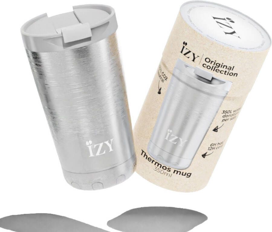 IZY Drinkfles Zilver Inclusief donatie Koffiebeker to go Thermosbeker RVS 6 uur lang warm 350 ml