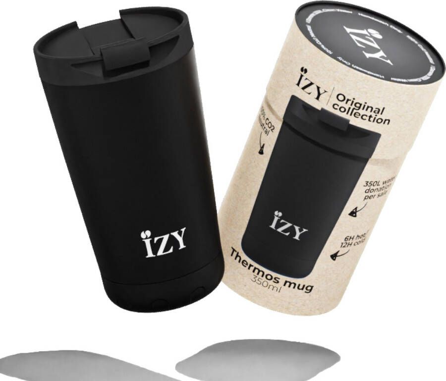 IZY Drinkfles Zwart Inclusief donatie Koffiebeker to go Thermosbeker RVS 6 uur lang warm 350 ml