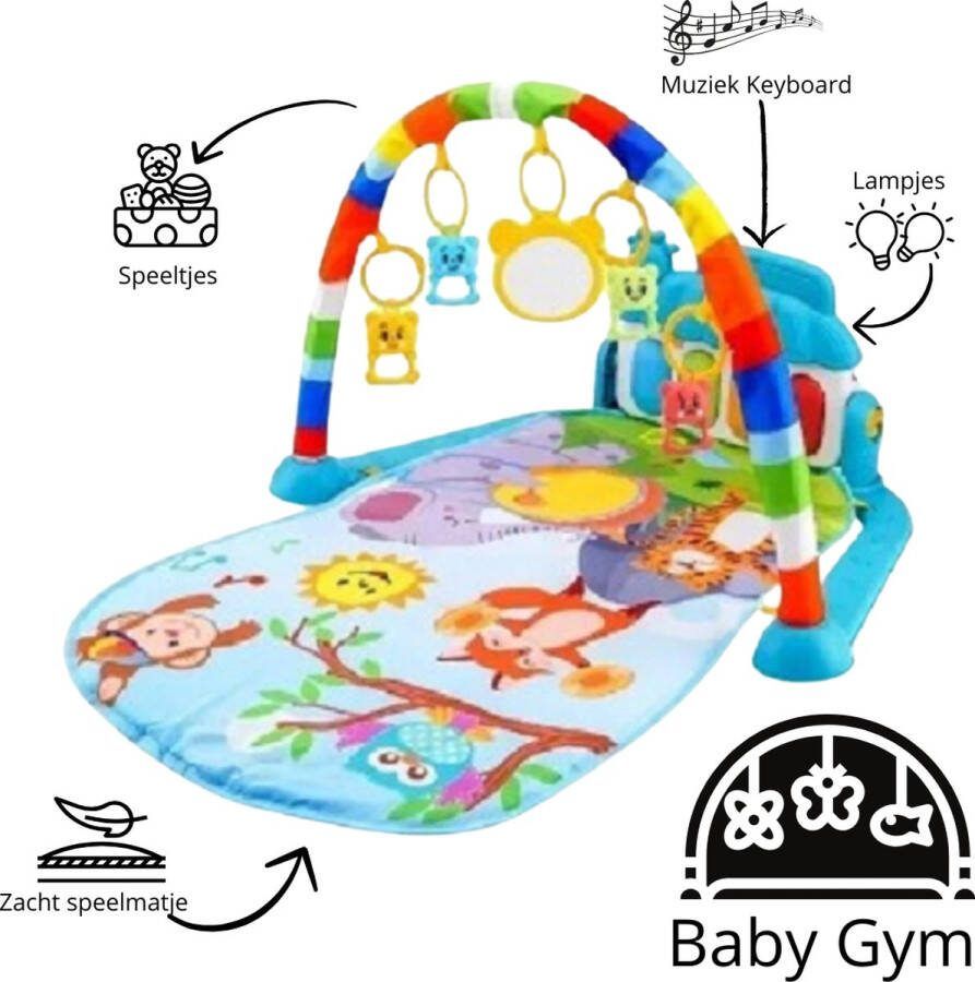 J&S Products™ Babygym Speelkleed Met Boog En Speeltjes Muziek Keyboard Lampjes Speelmat Baby Piano Mat Baby Educatief 72x47x40cm Blauw