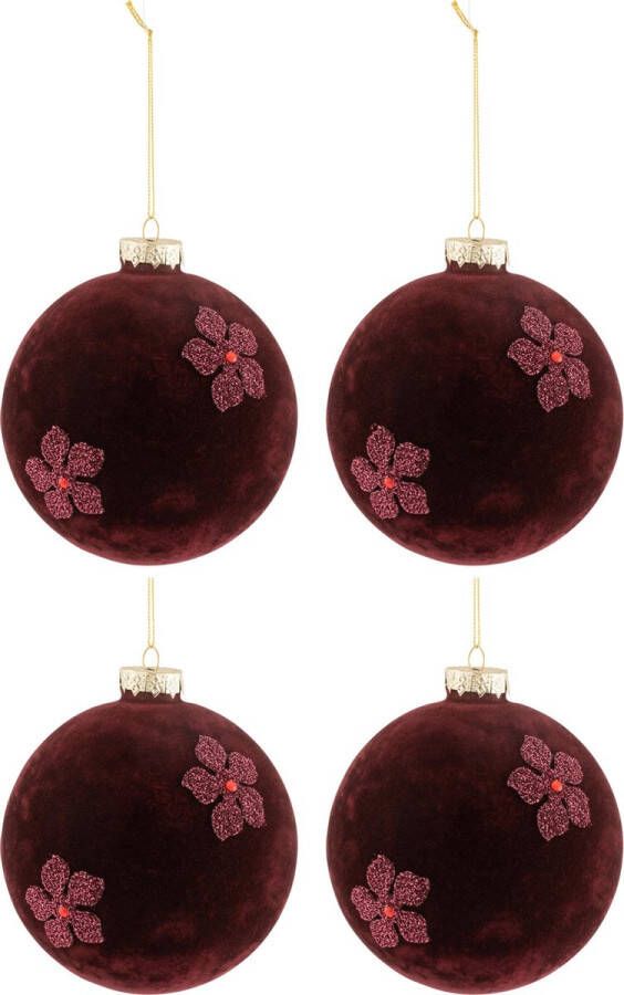 J-Line Box Of 4 Christmas Baubles Flowers Velvet Glass Burgundy Large