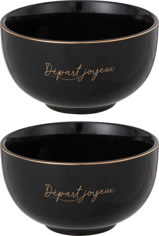 J-Line Départ Joyeux kom porselein zwart & goud large 2 stuks woonaccessoires