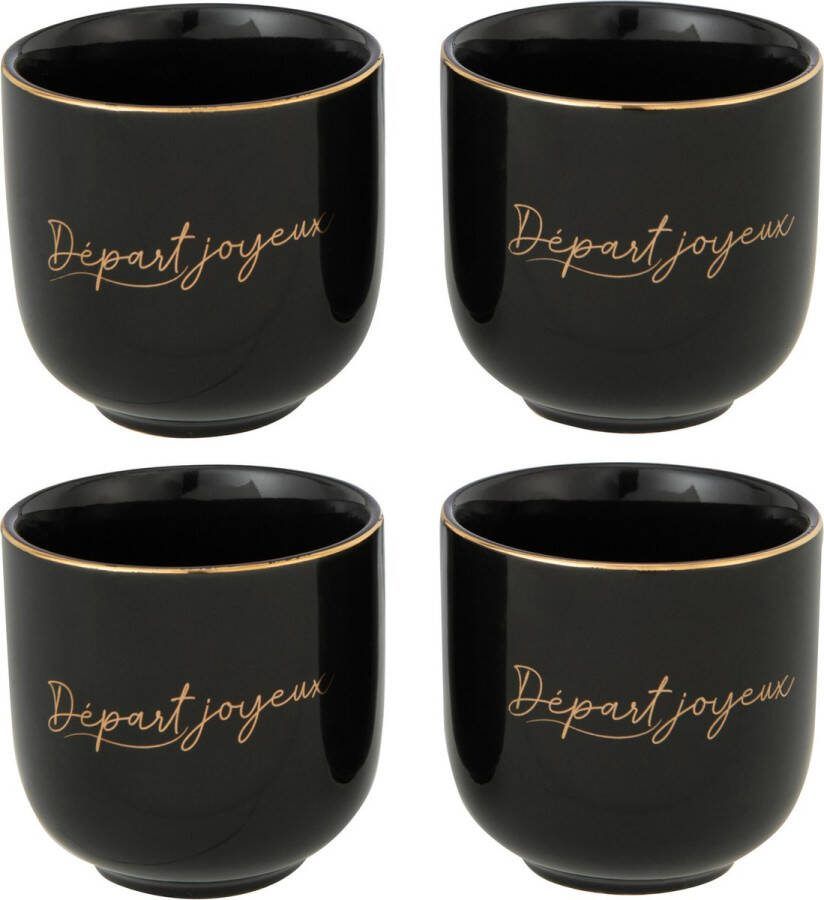 J-Line Départ Joyeux mok porselein zwart & goud 4 stuks woonaccessoires