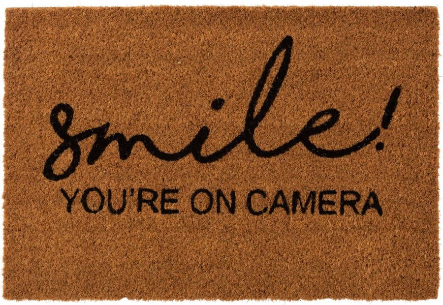 J-Line Deurmat Smile Kokosvezel Naturel Zwart Droogloopmat voor binnen & buiten Met funny tekst