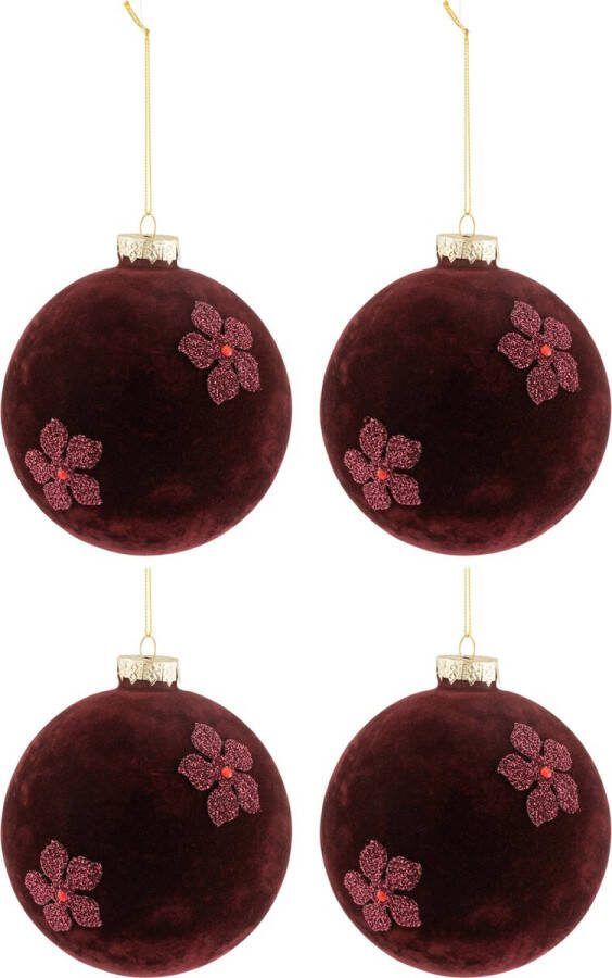 J-Line Doos Van 4 Kerstballen Bloemen Fluweel Glas Burgundy Large