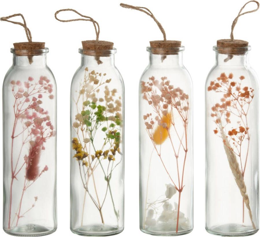 J-Line Hangende Flessen Kleurrijk Gedroogde Bloemen Glas Mix Medium Assortiment Van 4 Paasdecoratie