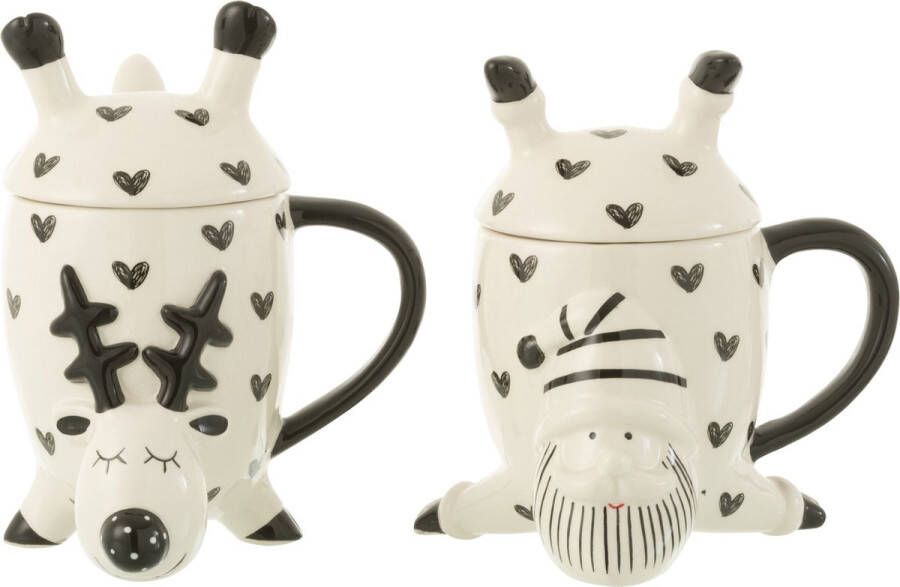 J-Line Hert Kerstman Dolomiet mok porselein wit & zwart 2 stuks woonaccessoires