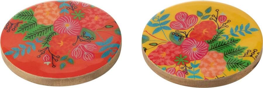 J-Line Set Van 4 Onderzetter Bloem Mango Hout Geel Roze Assortiment Van 2
