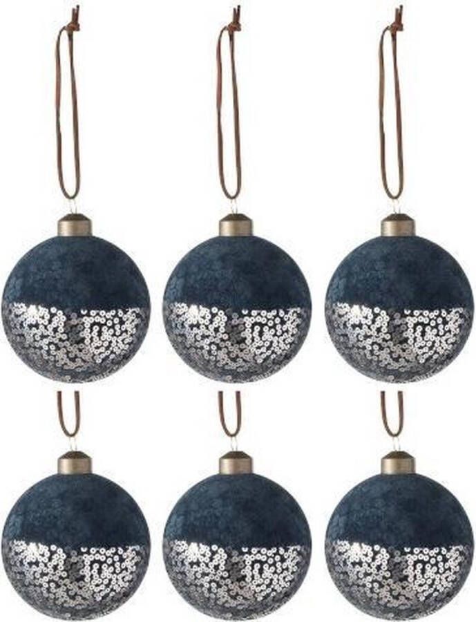 J-Line Doos Van 6 Kerstballen Fluweel Pailletten Glas Blauw Goud Small